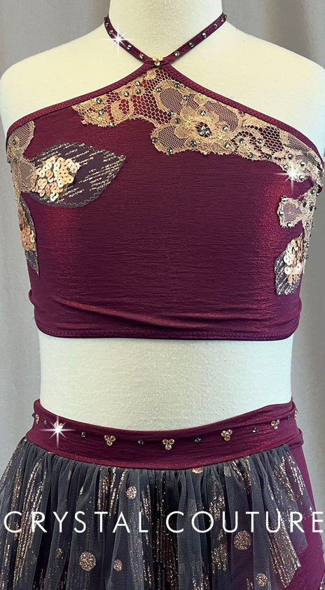 Custom Ruby and Rose gold Halter Two Piece with Booty Shorts - Rhinestones