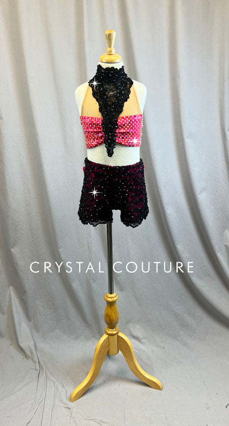 Custom Hot Pink & Black Halter top with High waisted booty shorts - Rhinestones