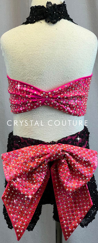 Custom Hot Pink an Black Halter top and High waisted booty shorts - Rhinestones