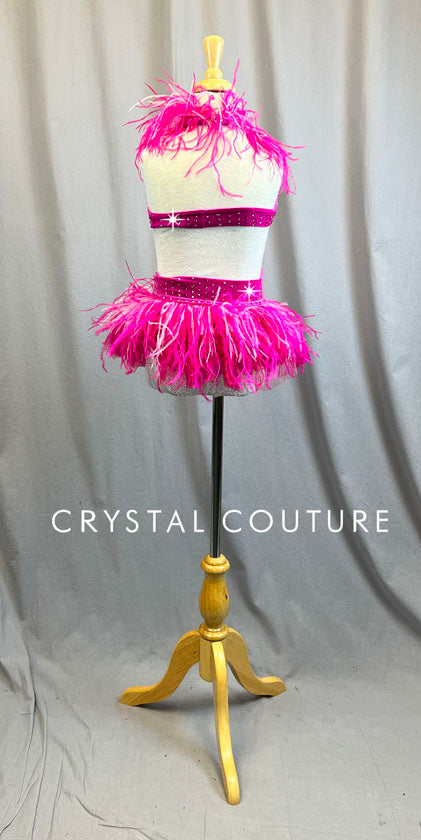 Fuschia and White Two piece Halter Bra Top and High Waisted Briefs - Rhinestones