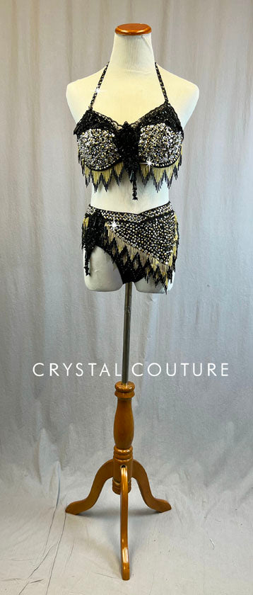 Stunning Custom Black & Gold Halter Bra top 2 Piece with Black lace and Beaded Fringe - Swarovski Rhinestones