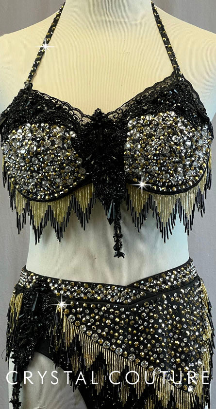 Stunning Custom Black & Gold Halter Bra top 2 Piece with Black lace and Beaded Fringe - Swarovski Rhinestones