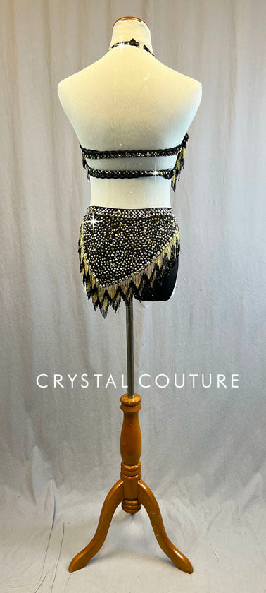 Stunning Custom Black & Gold Halter Bra top 2 Piece with Black lace and Beaded Fringe - Swarovski Rhinestones