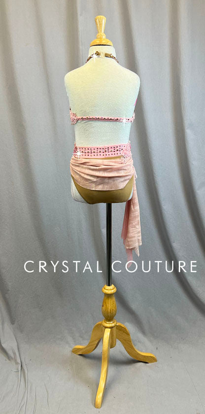 Custom Lt Pink and Nude Halter Two Piece with Appliques- Rhinestones