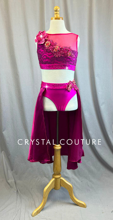 Custom Fuchsia Two Piece with attached Pink Silk skirt - Rhinestones