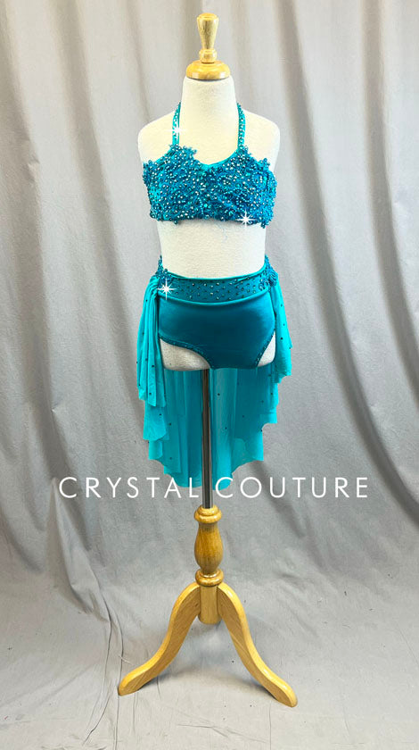 Custom Turquoise Two Piece Halter top and Trunks with Appliques- Rhinestones