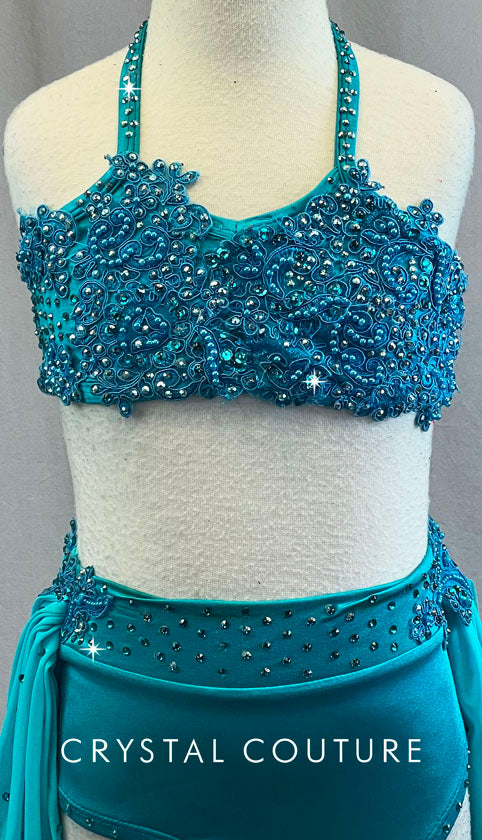 Custom Turquoise Two Piece Halter top and Trunks with Appliques- Rhinestones
