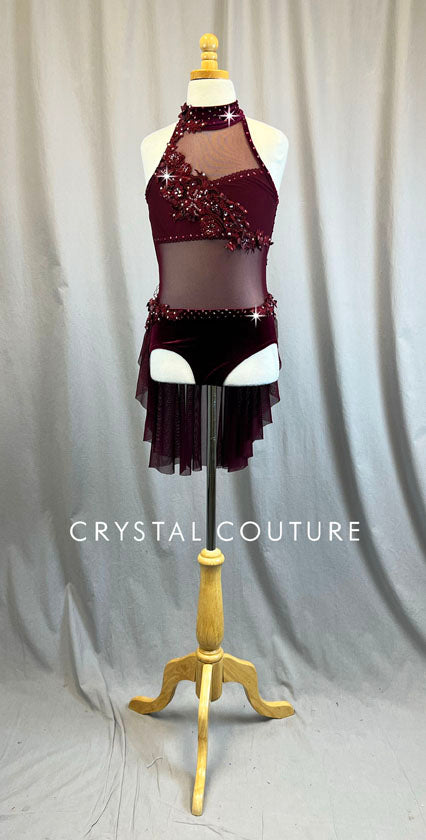 Custom Burgundy Velour and Mesh Connected Two Piece with Attached Back Skirt- Rhinestones