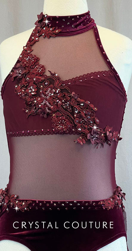 Custom Burgundy Velour and Mesh Connected Two Piece with Attached Back Skirt- Rhinestones