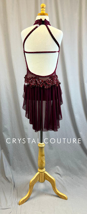 Custom Burgundy Velour and Mesh Connected Two Piece with Attached Back Skirt- Rhinestones