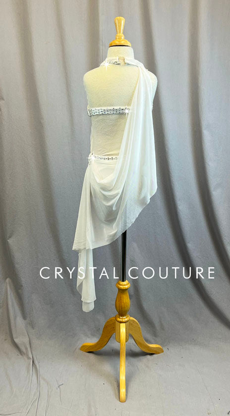 Custom White Lace Halter Top Two Piece with White Mesh Draping- Rhinestones