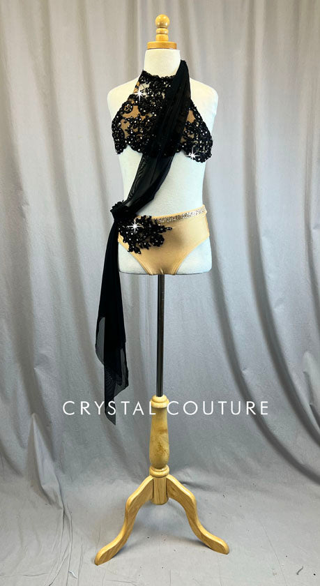 Custom Nude and Black Lace Halter Bra Top Two Piece - Rhinestones