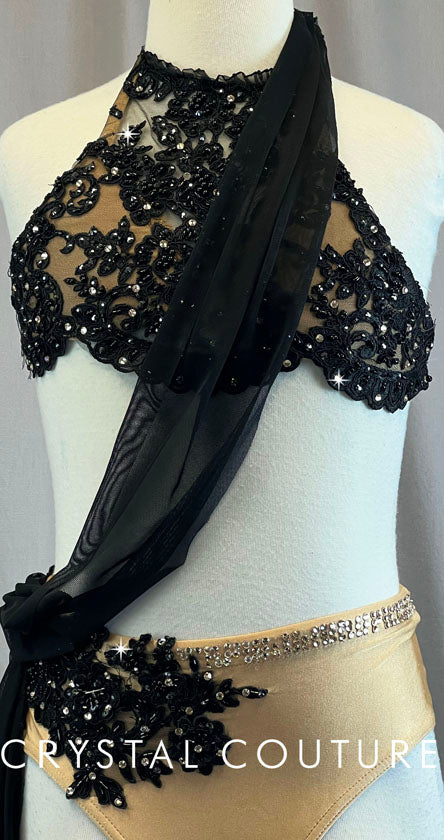 Custom Nude and Black Lace Halter Bra Top Two Piece - Rhinestones