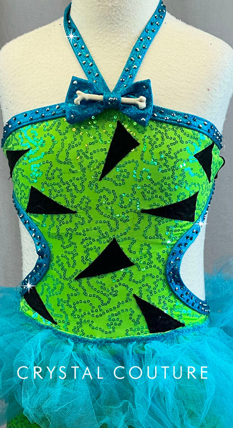 Flintstones Inspired Green & Blue Halter Biketard with Blue Mesh Ruffle Skirt - Rhinestones