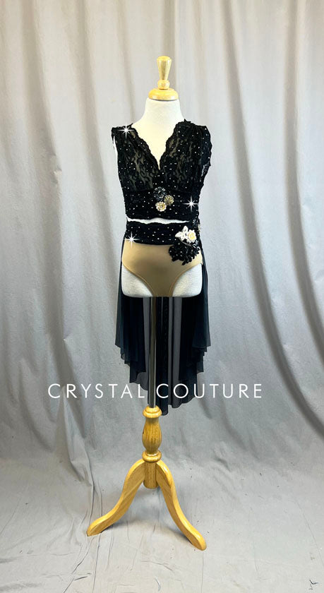 Black Lace and Nude Two Piece with Back half skirt - Rhinestones