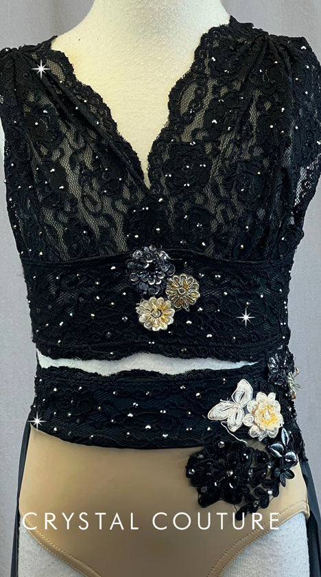 Black Lace and Nude Two Piece with Back half skirt - Rhinestones