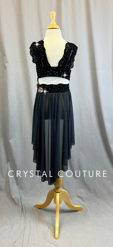 Black Lace and Nude Two Piece with Back half skirt - Rhinestones