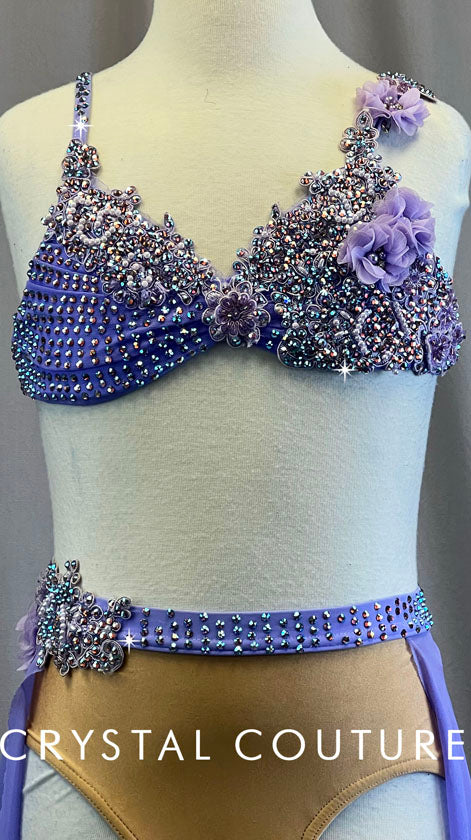 Custom Stunning Lilac and Nude Bra Top and High Waisted Brief with Lilac Back Skirt - Rhinestones