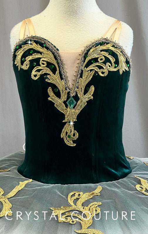 Custom Dark Green Velour & Gold Platter Tutu - Rhinestones