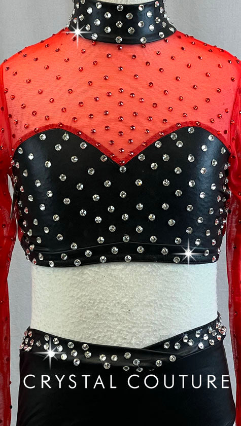 Red Mesh and Pleather Crop Top and Trunks - Rhinestones