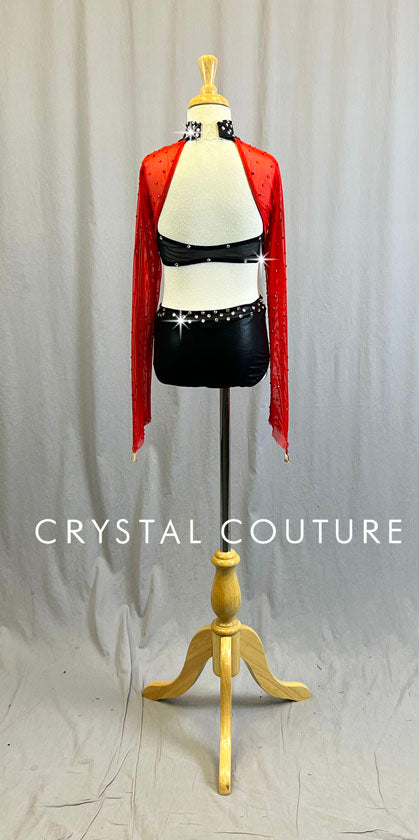 Red Mesh and Pleather Crop Top and Trunks - Rhinestones