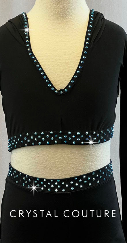 Black Hooded V-Neck Crop Top with Booty Shorts - Rhinestones