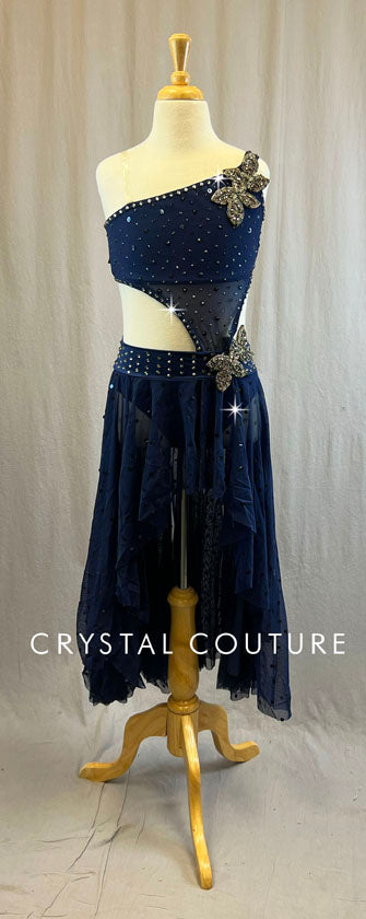 Navy Connected 2 Piece One Shoulder with High-Low Skirt - Rhinestones