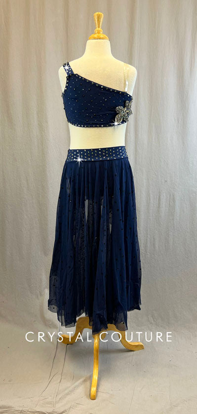 Navy Connected 2 Piece One Shoulder with High-Low Skirt - Rhinestones