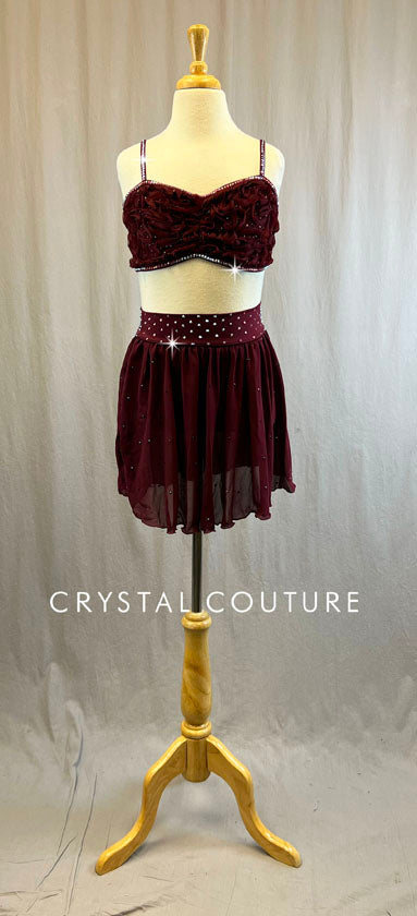 Maroon Bra Top with High-waisted Skirt - Rhinestones