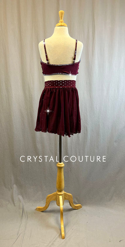 Maroon Bra Top with High-waisted Skirt - Rhinestones