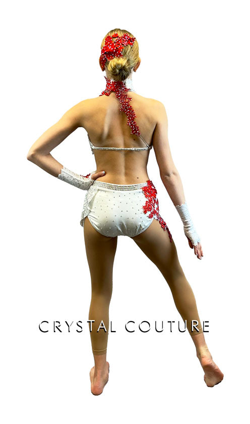 Stunning Custom White & Red Bra Top 2 Piece - Swarovski Rhinestones