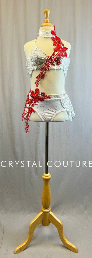 Stunning Custom White & Red Bra Top 2 Piece - Swarovski Rhinestones