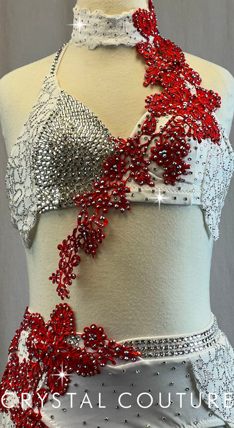 Stunning Custom White & Red Bra Top 2 Piece - Swarovski Rhinestones