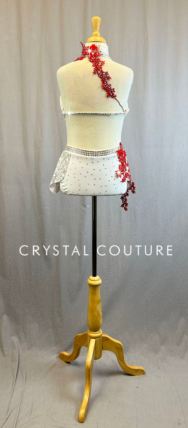 Stunning Custom White & Red Bra Top 2 Piece - Swarovski Rhinestones