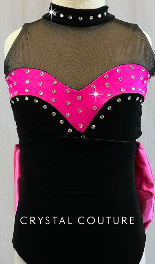Black & Pink Mock Neck Leotard with Pink Back Bow - Rhinestones