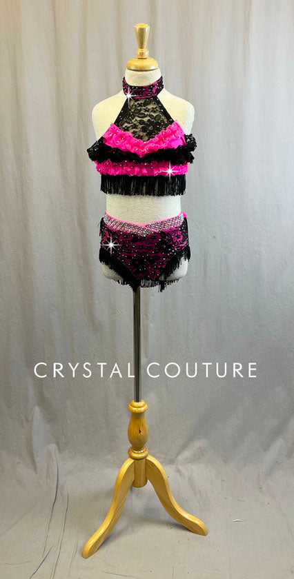 Sassy Custom Black & Hot Pink Ruffle Halter 2 Piece - Swarovski Rhinestones