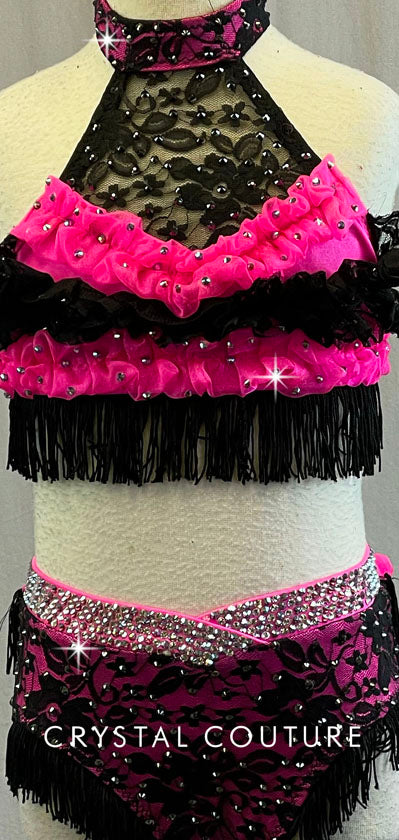 Sassy Custom Black & Hot Pink Ruffle Halter 2 Piece - Swarovski Rhinestones