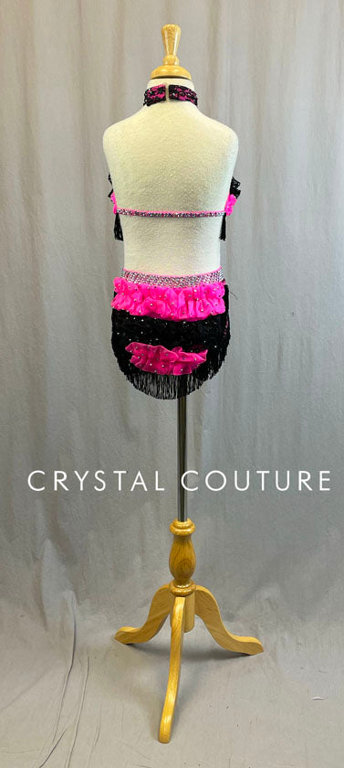 Sassy Custom Black & Hot Pink Ruffle Halter 2 Piece - Swarovski Rhinestones