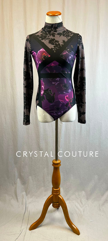 Black, Purple & Pink Floral Long Sleeve Leotard