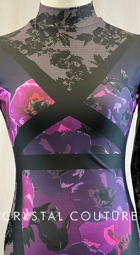 Black, Purple & Pink Floral Long Sleeve Leotard
