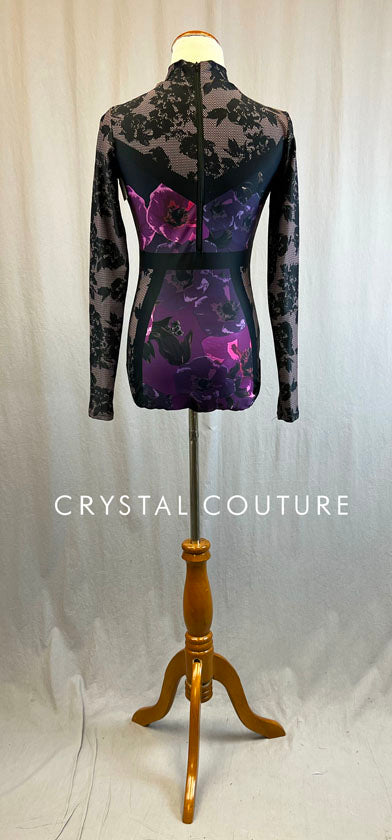 Black, Purple & Pink Floral Long Sleeve Leotard