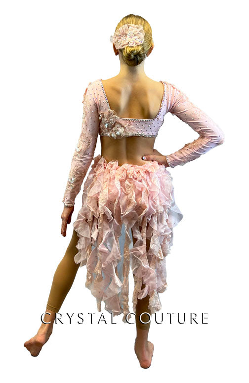 Custom Light Pink Long Sleeve 2 Piece with Brief/Tendril Skirt - Swarovski Rhinestones