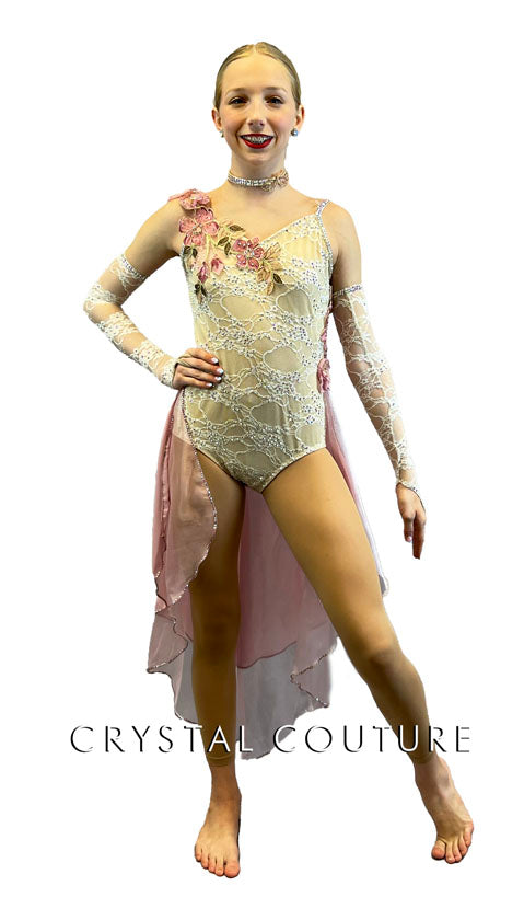 Lovely Custom Ivory & Cream Lace Leotard with Lt Pink 2 Tiered Skirt - Swarovski Rhinestones