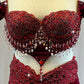 Gorgeous Custom Red Velour Bra Top with Off-the-shoulder Sleeves and Booty Shorts - Swarovski Rhinestones