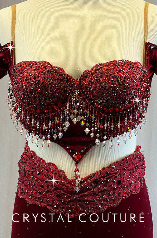 Gorgeous Custom Red Velour Bra Top with Off-the-shoulder Sleeves and Booty Shorts - Swarovski Rhinestones