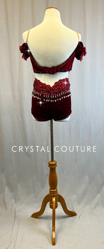 Gorgeous Custom Red Velour Bra Top with Off-the-shoulder Sleeves and Booty Shorts - Swarovski Rhinestones