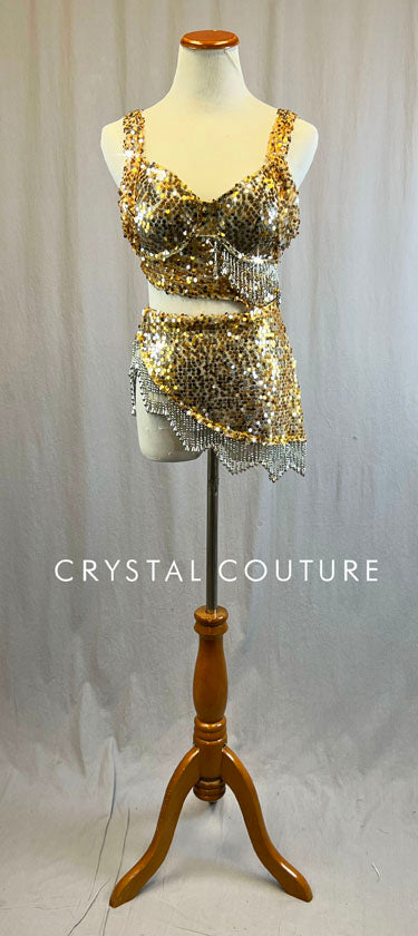 Custom Gold & Silver Connected Bra Top 2 Piece with Sequined and Beaded Fringe Skirt