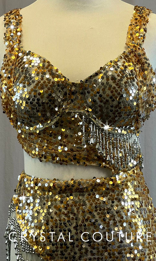 Custom Gold & Silver Connected Bra Top 2 Piece with Sequined and Beaded Fringe Skirt