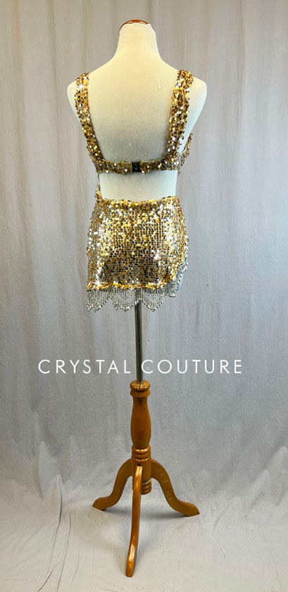 Custom Gold & Silver Connected Bra Top 2 Piece with Sequined and Beaded Fringe Skirt