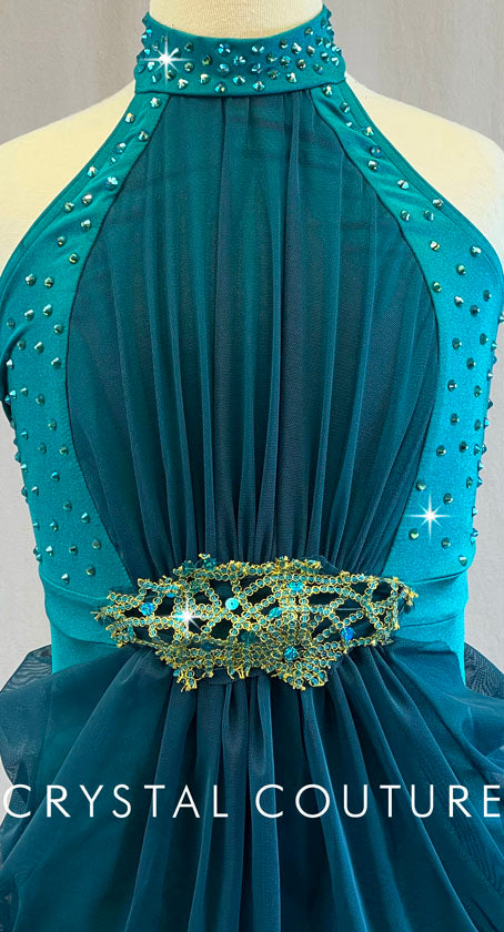 Teal Halter Mock Neck Biketard with Attached Dark Teal Draping Skirt - Rhinestones